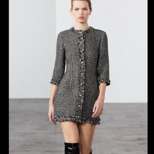Zara Black White Tweed Mini Dress 3/4 Sleeves Size Small Cotton Wool Blend
